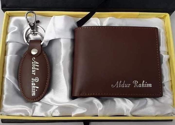 Personalized Brown Leather Wallet & Keychain Gift Set – Custom Name Engraved