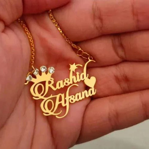 Gold necklace with 'Rashid Afsana' engraved on a hand
