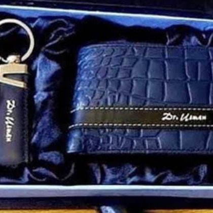 Blue leather wallet and keychain set in a box with 'Dr. Klenz' branding.